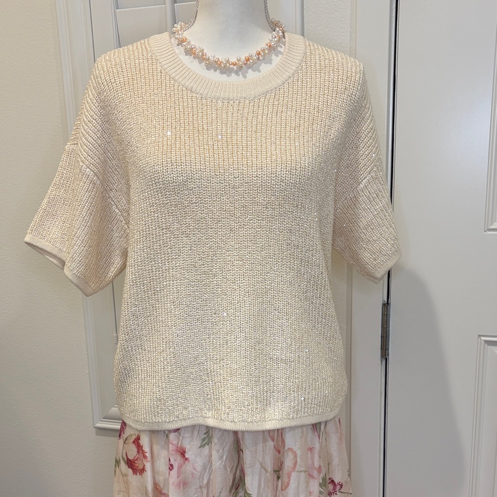 Michael Kors Shimmering Cream Cotton Crewneck Sweater Medium New
